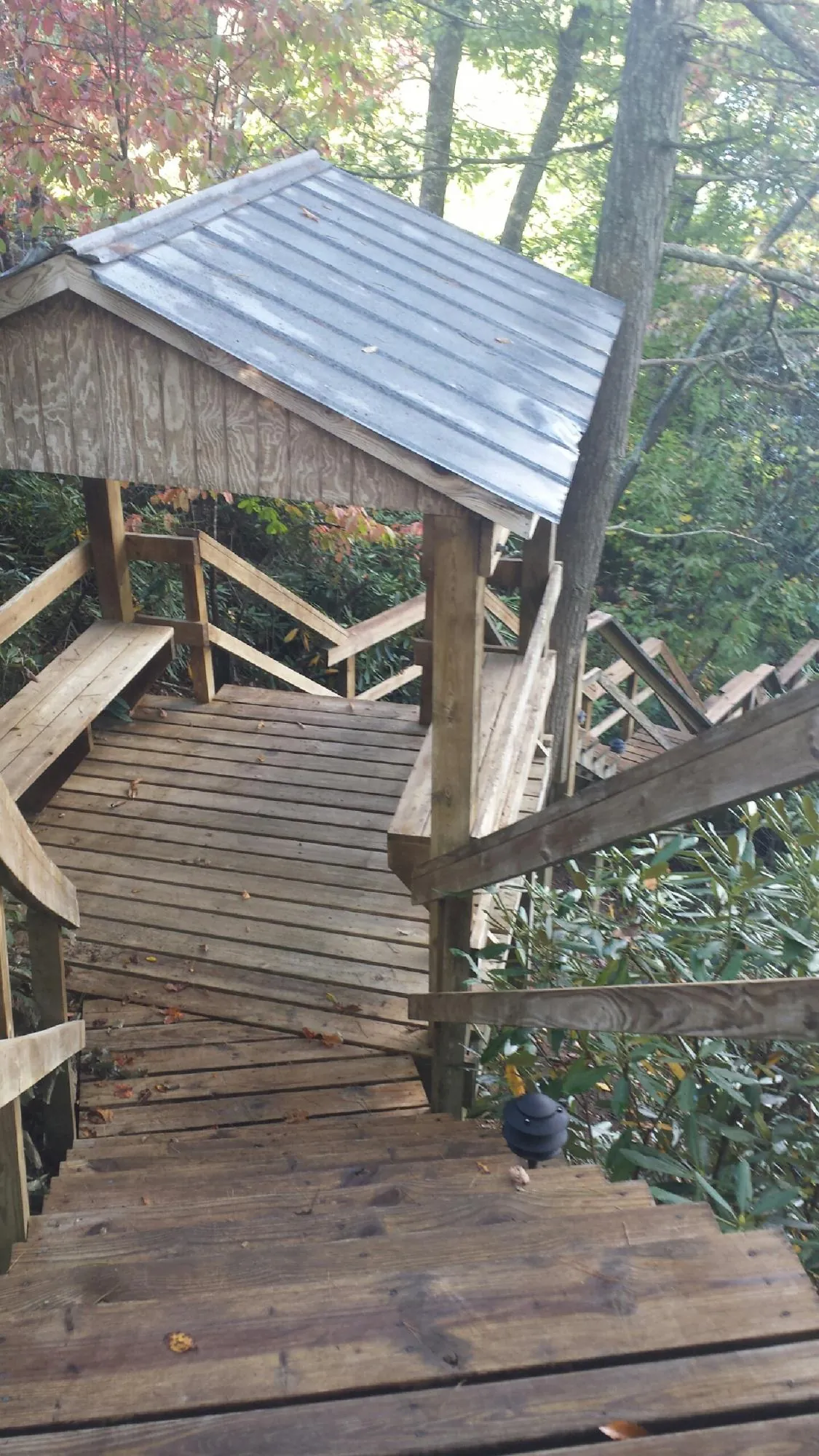 Metal roofed shelter over wooden steps on a wooded walkway — Skylight Repair & Installation work by our crew in Van Vleck